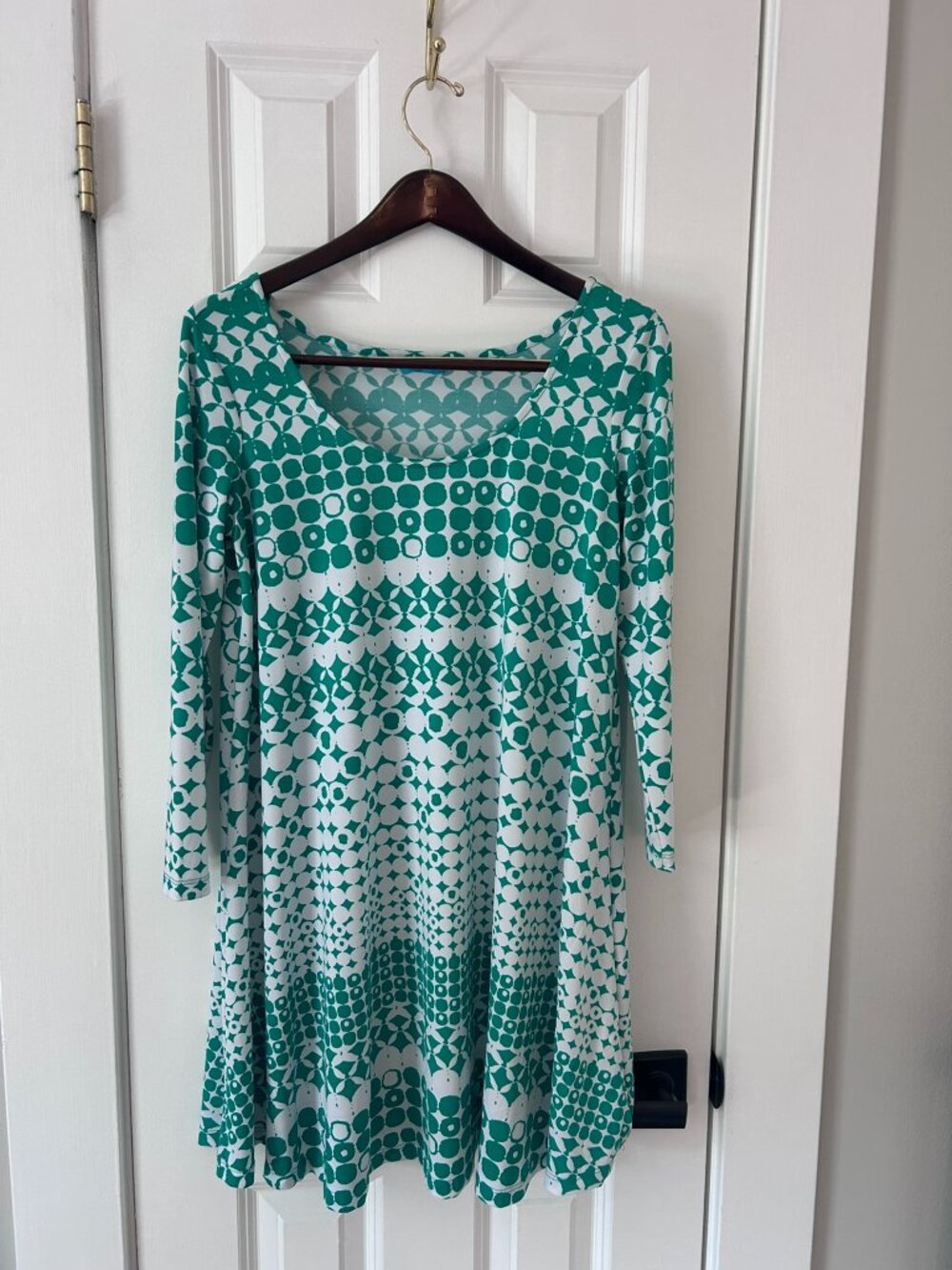 Tori Richard Kelly Green Geometric Print Swing Dress 3/4 Sleeve Size S